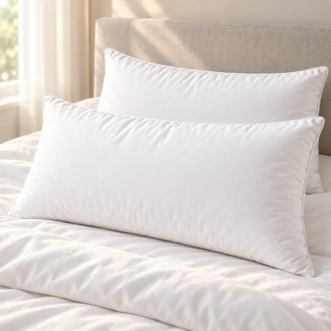 Dois travesseiros CloudPillow arrumados lado a lado na cama, com luz da manhã entrando pela janela